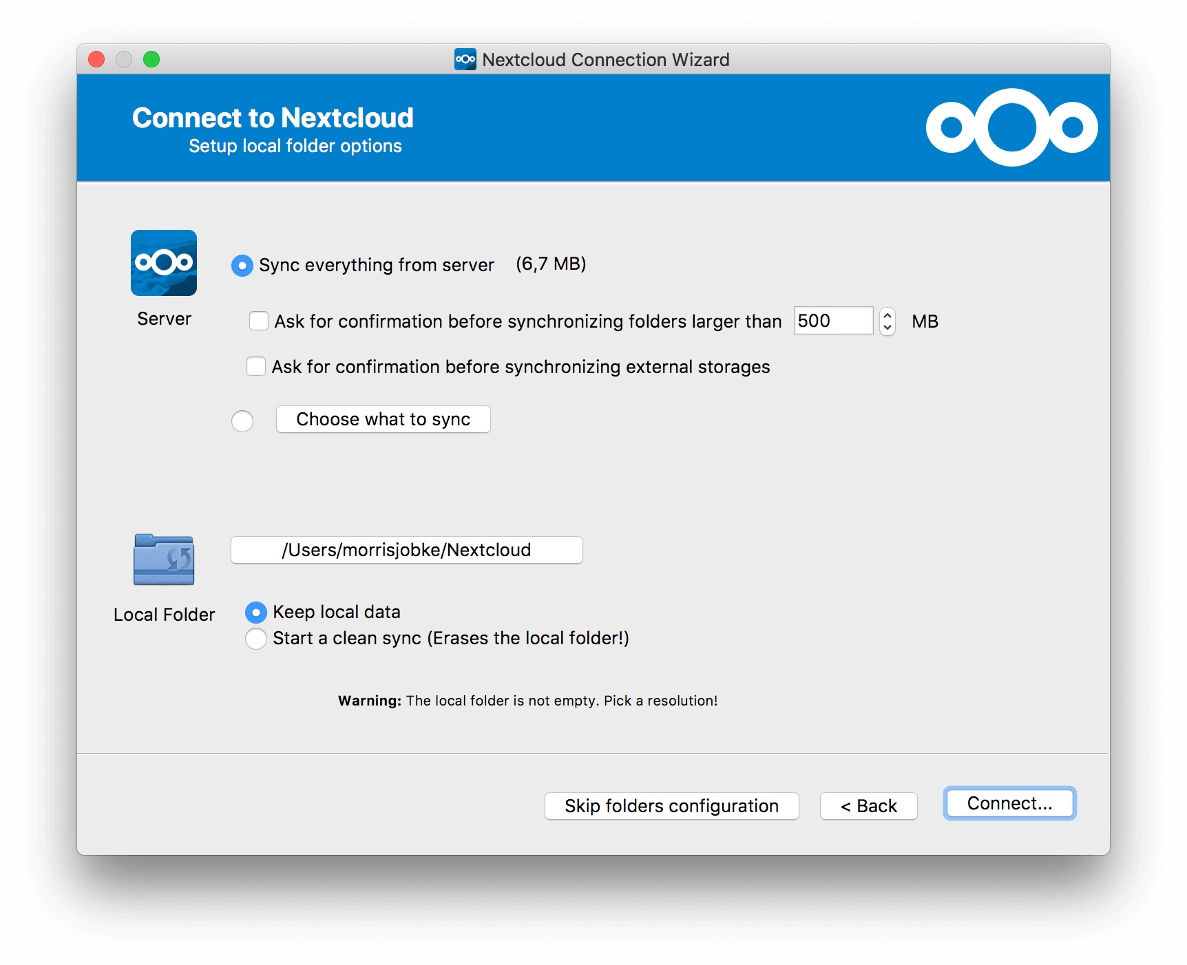 Screenshot of Nextcloud sync client setup wizard